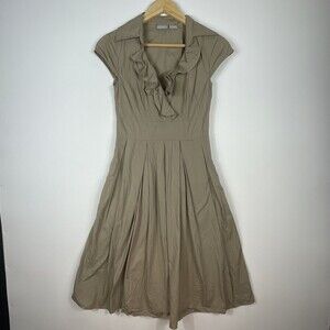 eShakti Dress Womens Custom 4 Tan Khaki Ruffle Neck Cap Sleeve Modest Preppy